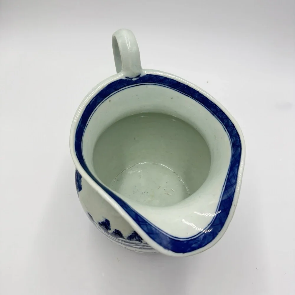 Antique Chinese Blue & White Canton Export Porcelain Large Pitcher 9”H x12” L